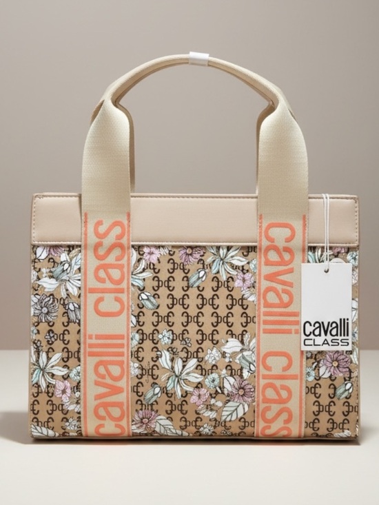 Cavalli Class Handbags - NWT Cavalli Class Serena Floral Logo Tote Bag Beige Cream